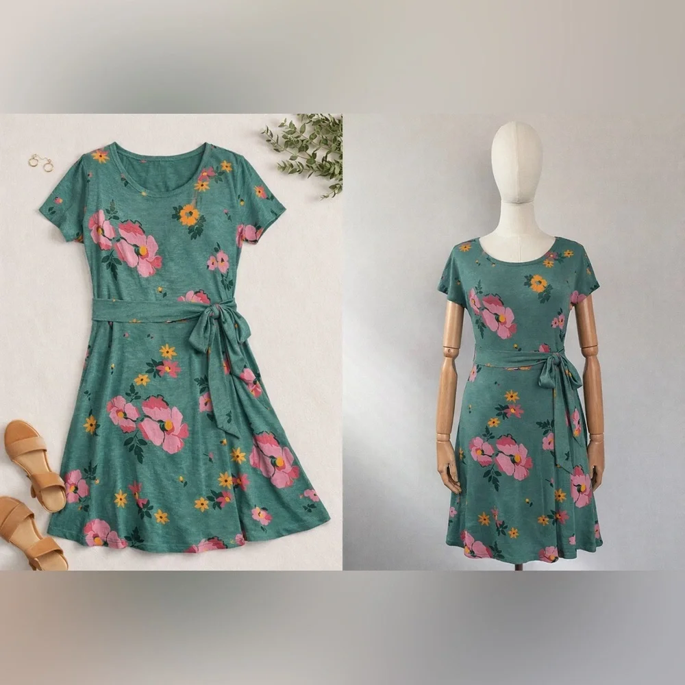 Toad and Co Floral Green Faux Wrap with Tie Waist Dress Size XS - Picture 14 of 15